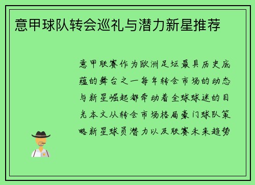 意甲球队转会巡礼与潜力新星推荐