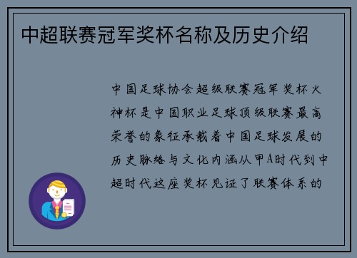 中超联赛冠军奖杯名称及历史介绍