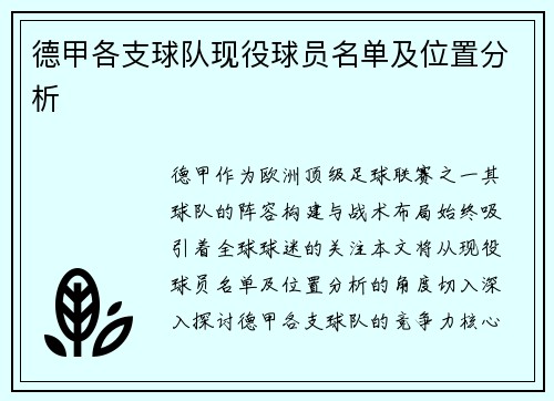 德甲各支球队现役球员名单及位置分析