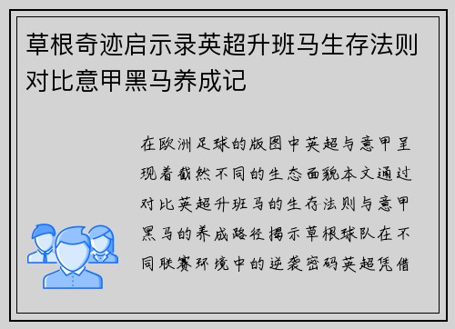 草根奇迹启示录英超升班马生存法则对比意甲黑马养成记