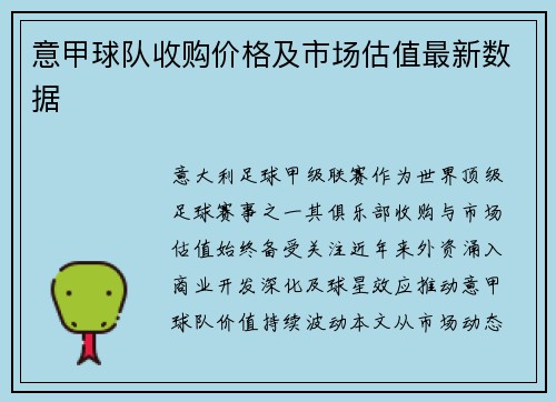意甲球队收购价格及市场估值最新数据