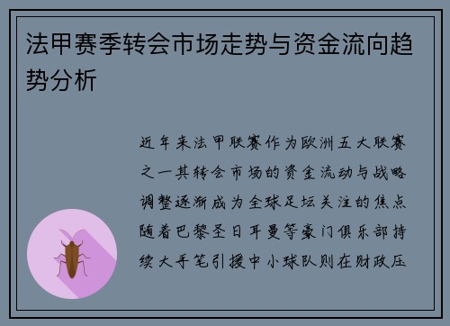 法甲赛季转会市场走势与资金流向趋势分析